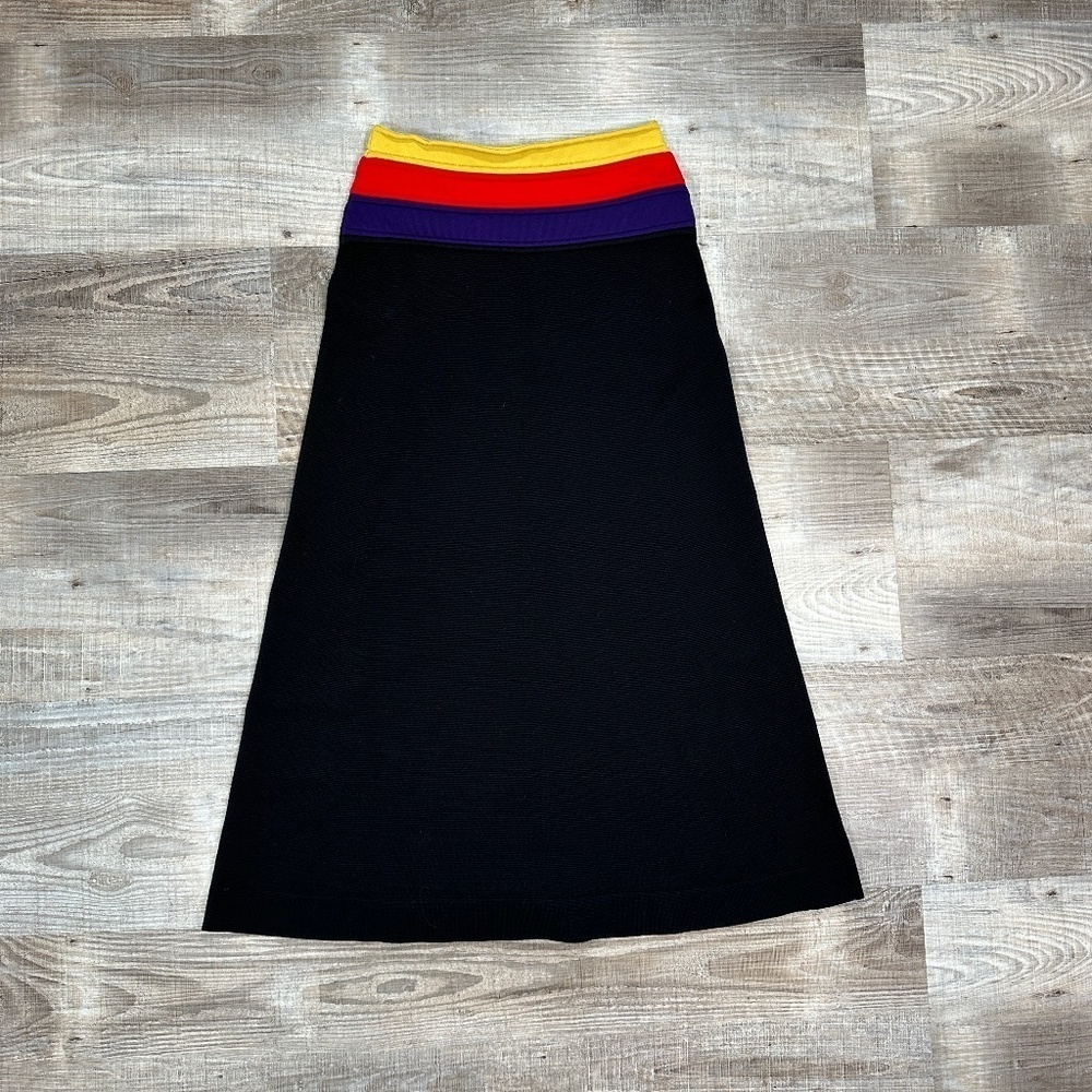 SONIA RYKIEL Black Knit A-Line Midi Skirt Women's Size XS Yellow/Red Waistband - Picture 4 of 8